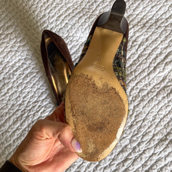 Coach Naomi Tweed Boucle  Plaid Suede Brown Velvet Bow Heels - Picture 8 of 12